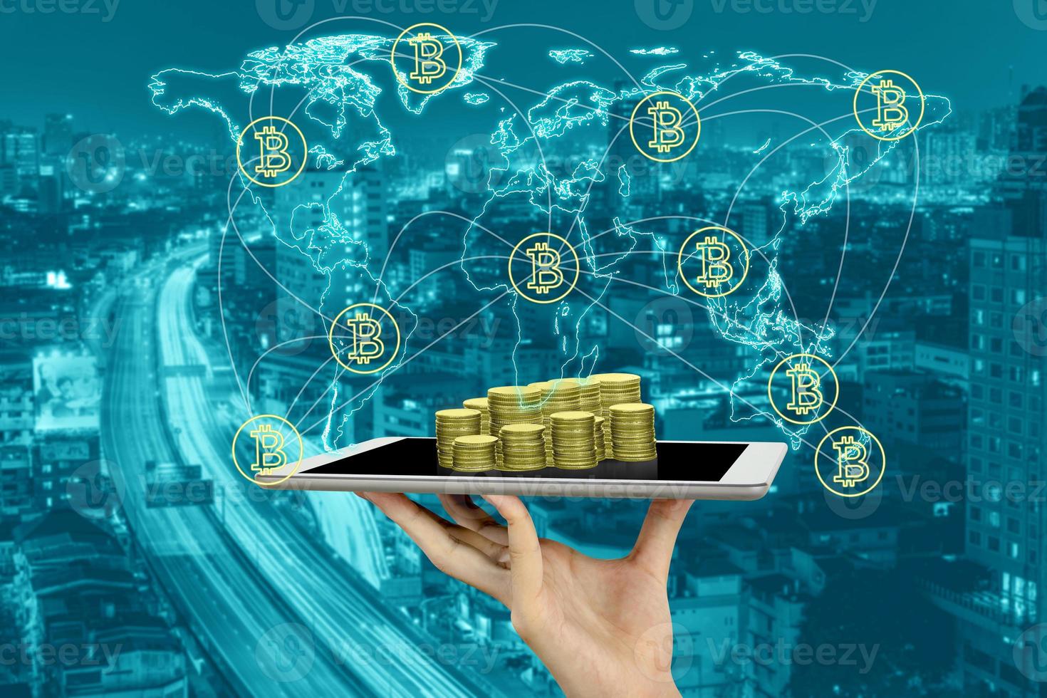 Digital money with bitcoin symbol and network connection concept,Elements of this image furnished by NASA photo
