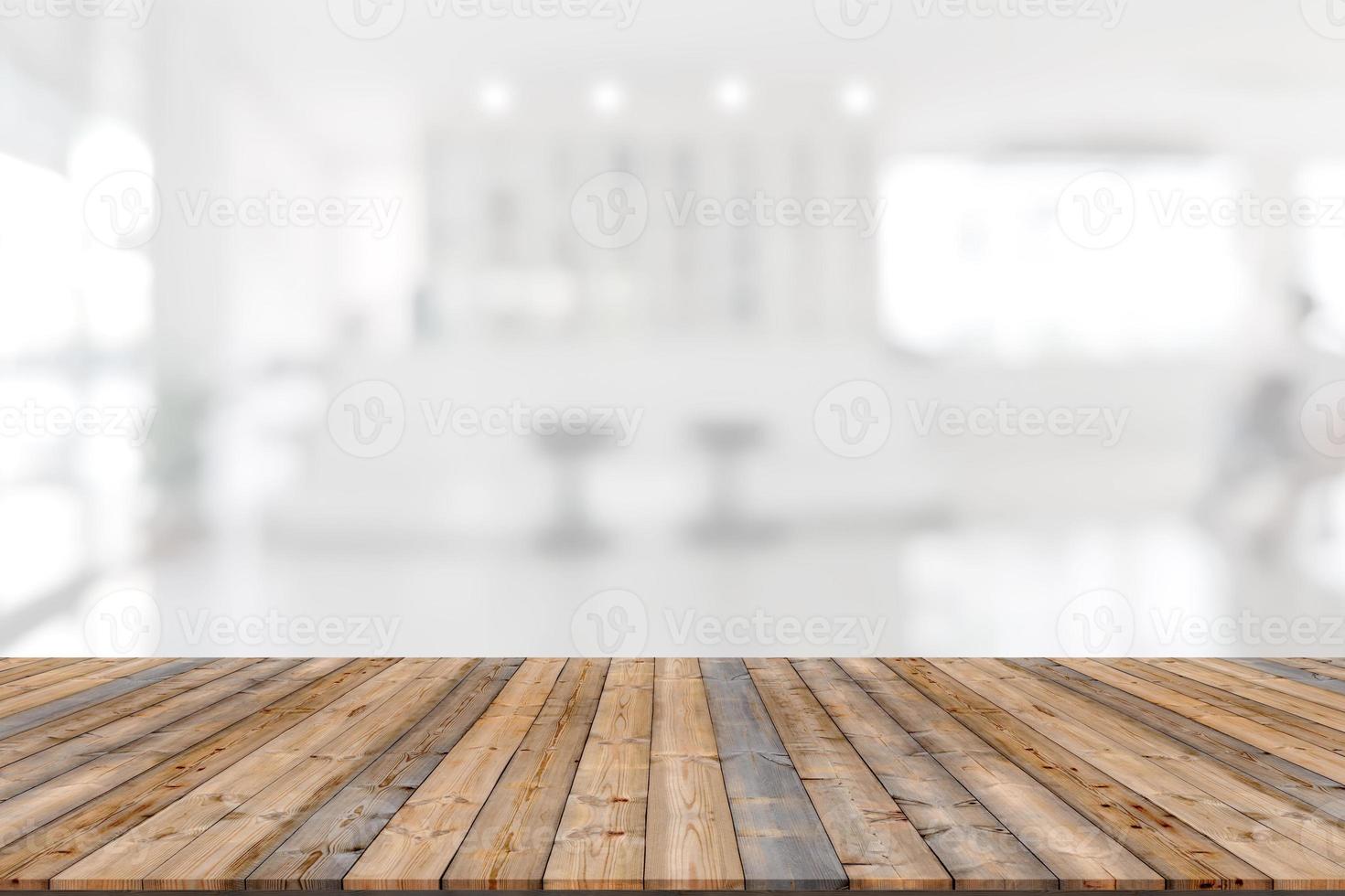 Empty wooden board space platform with register counter blurry background photo
