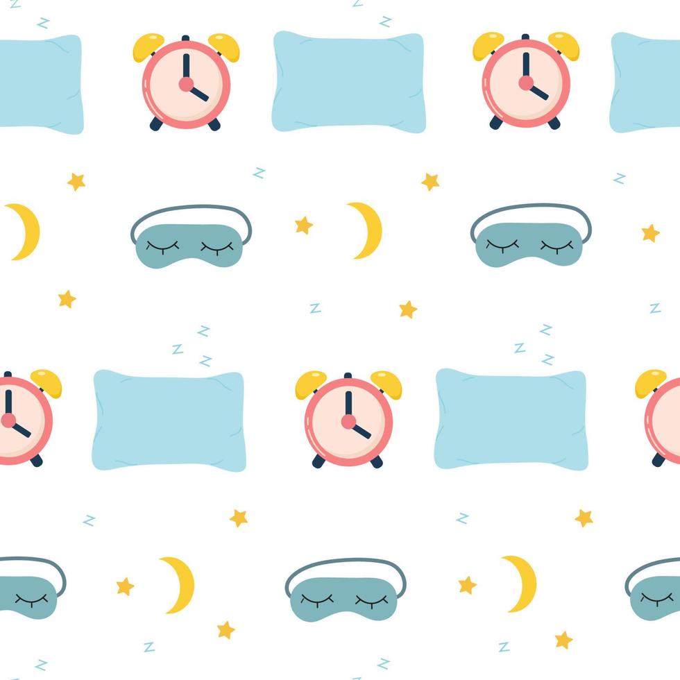 Pattern of pillow, sleep mask, alarm clock, moon and stars. Great for packaging and fabric vector