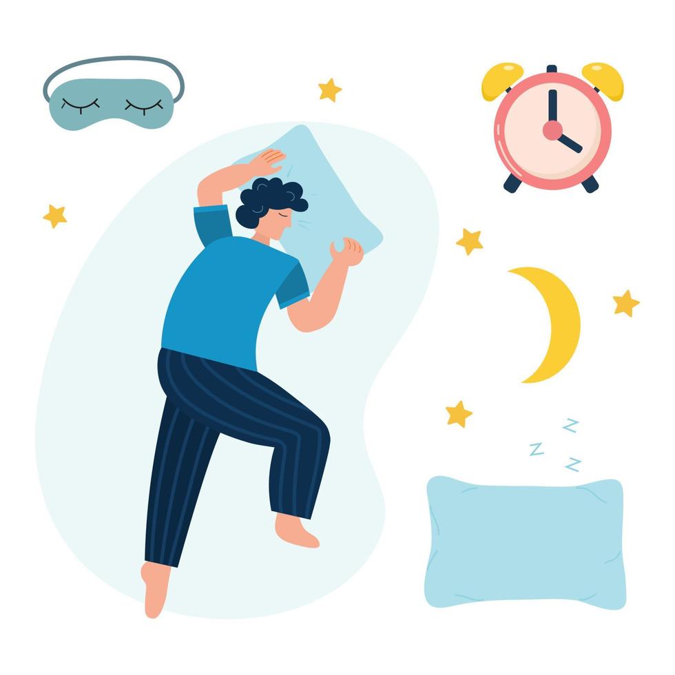 Set of young man sleeps, sleep mask, alarm clock, moon and stars. Vector illustration. Advert of mattress or pillow. Design template with pose of sleeping for flyer, layout. Sweet dreams