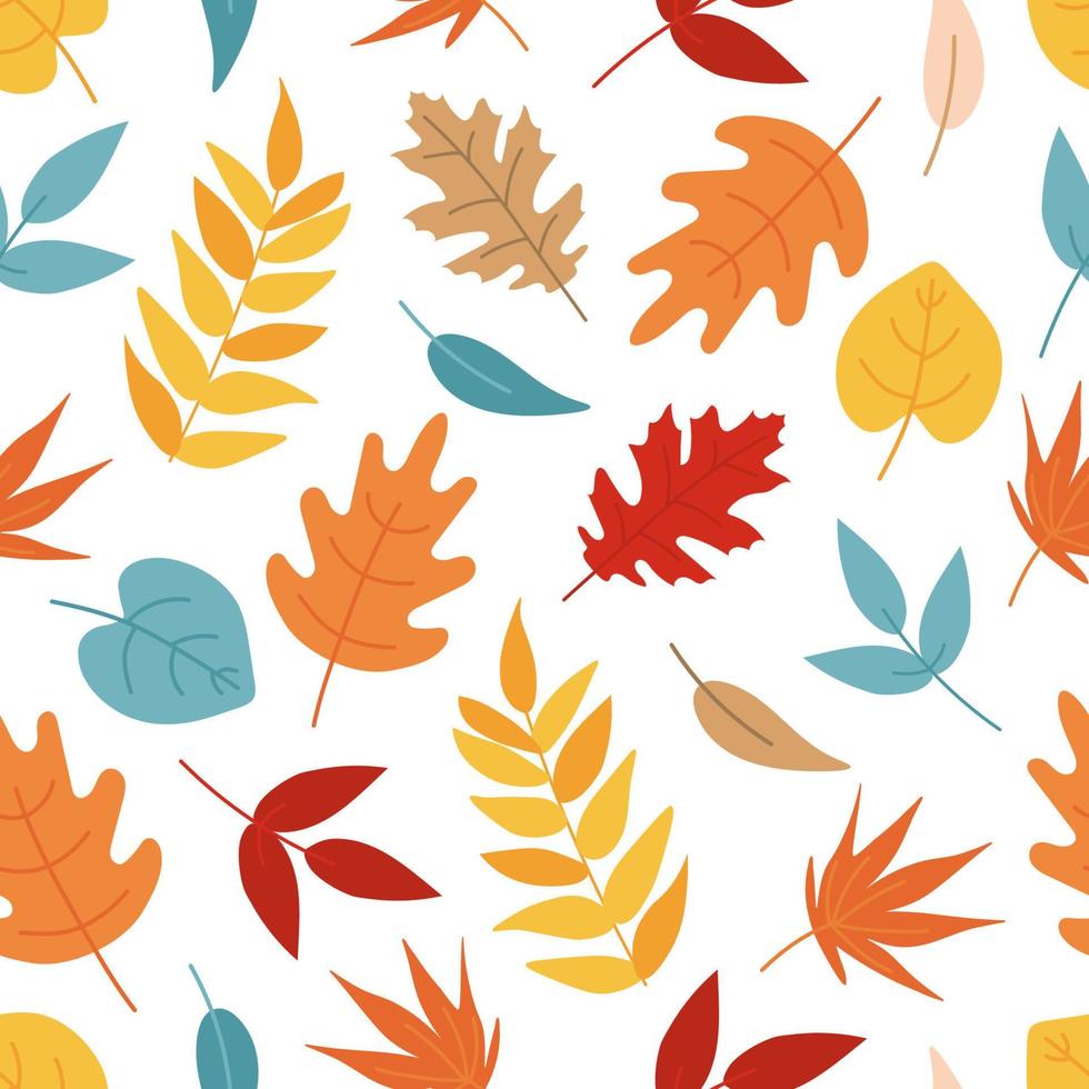 Vector seamless pattern with autumn cartoon leaves. Autumn background. Hand drawn autumn botany texture. Perfect for wrap paper, wallpaper, background and seasonal textile.