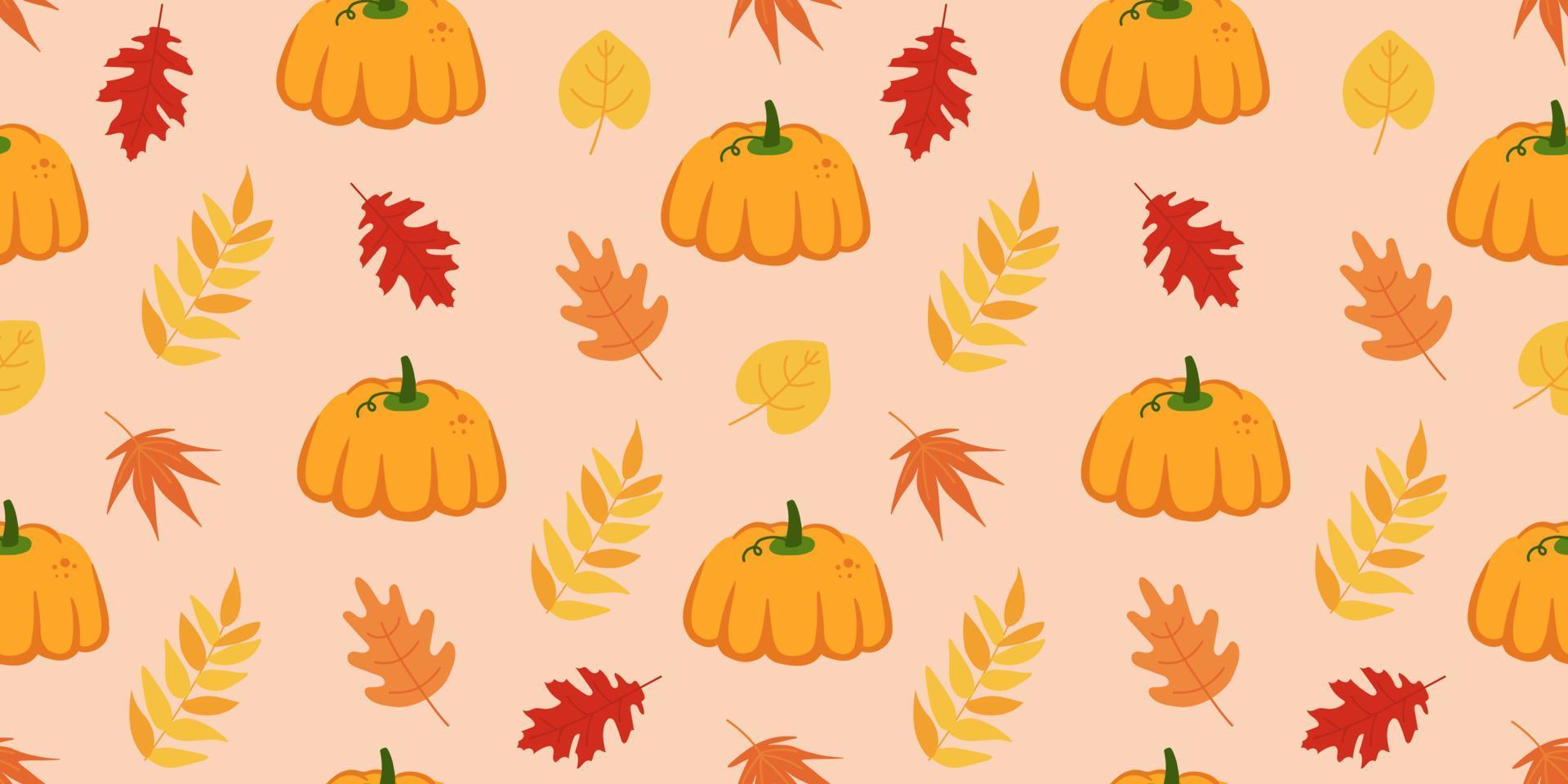 Vector seamless pattern with autumn leaves and pumpkins. Autumn background. Hand drawn botany texture. Perfect for wrap paper, wallpaper, background and seasonal textile.