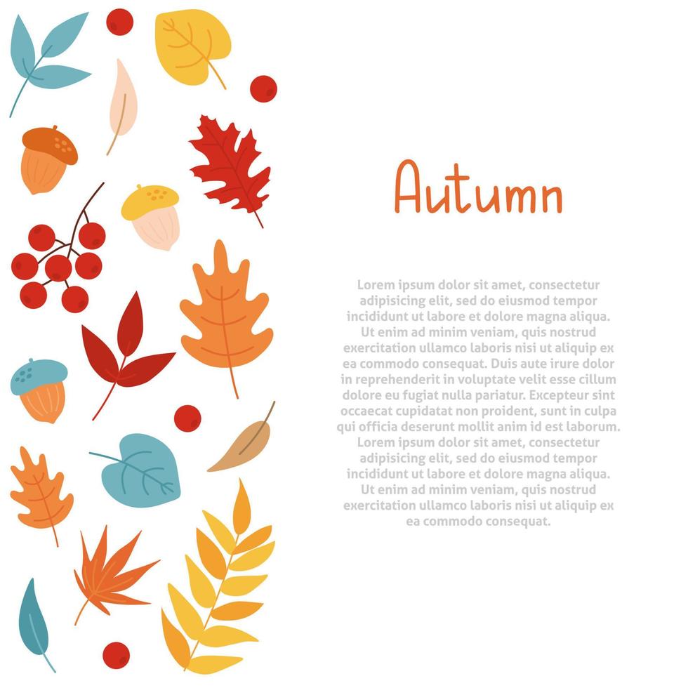 Autumn background with leaves, acorns and rowan berries. Simple cartoon flat style. Border design vector