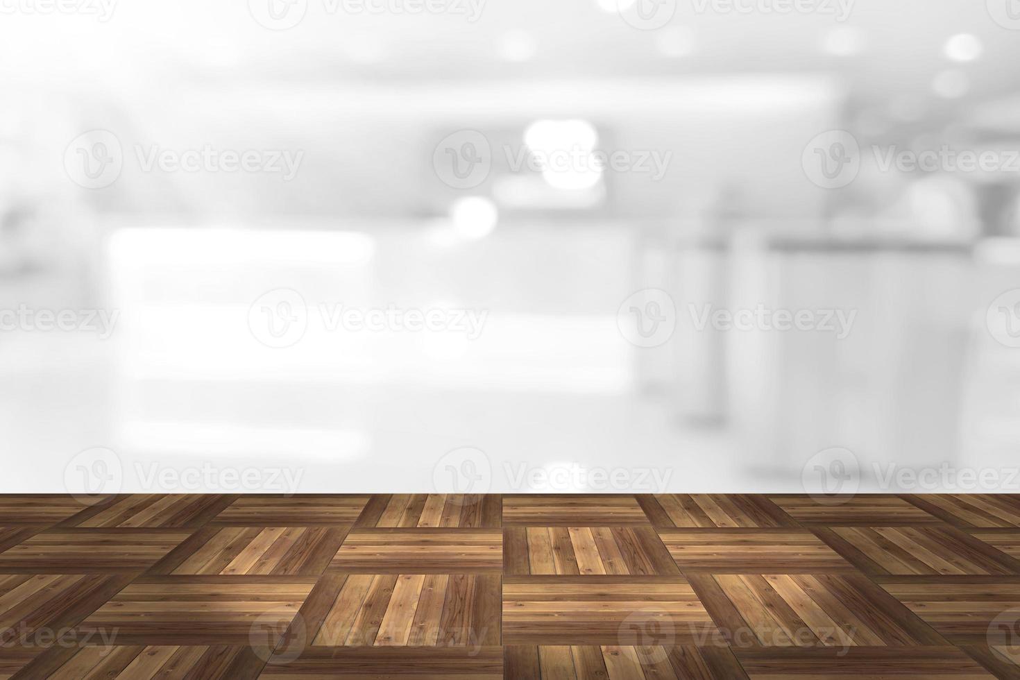 Empty wooden board space platform with register counter blurry background photo