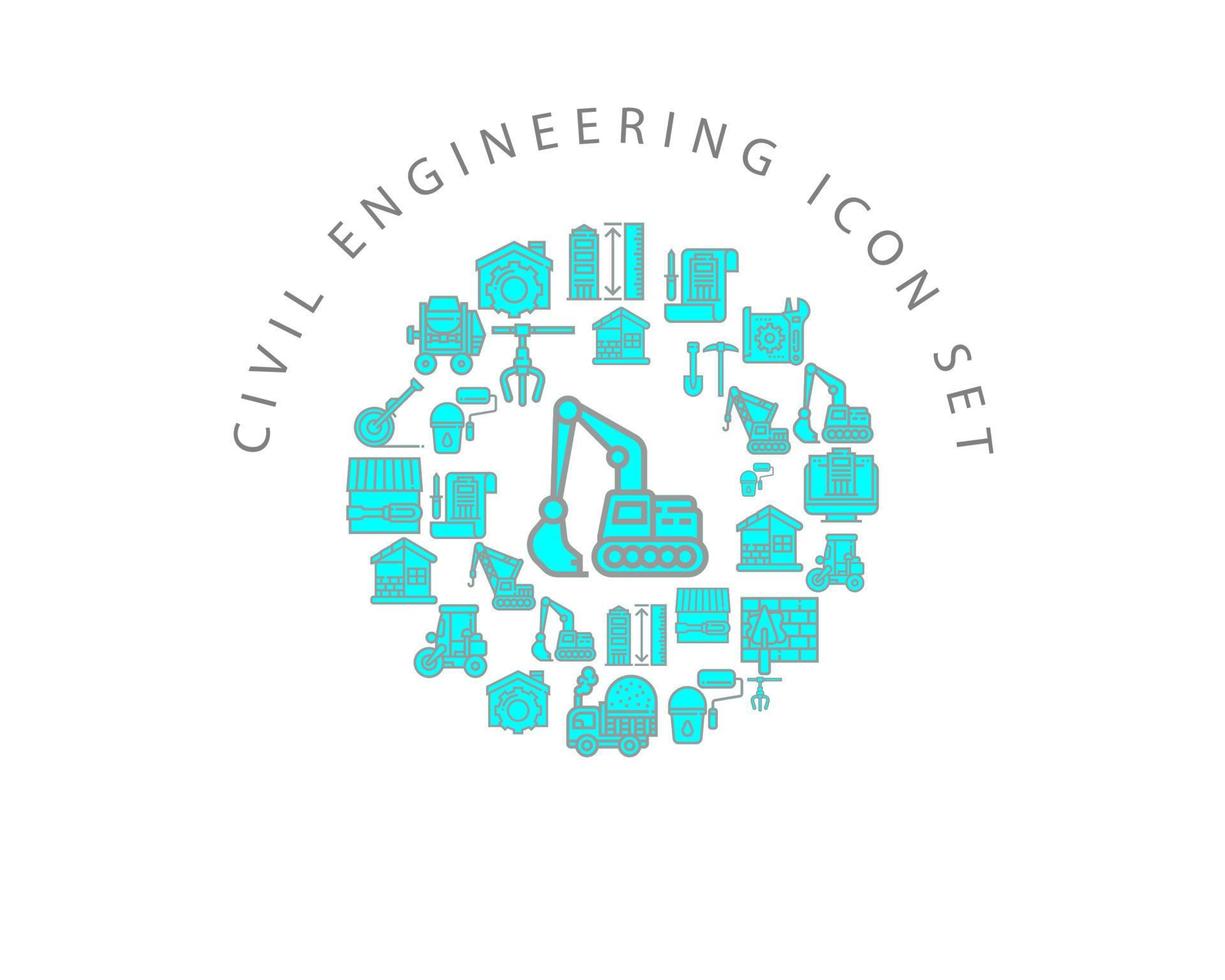 diseño de conjunto de iconos de ingeniería civil sobre fondo blanco. vector