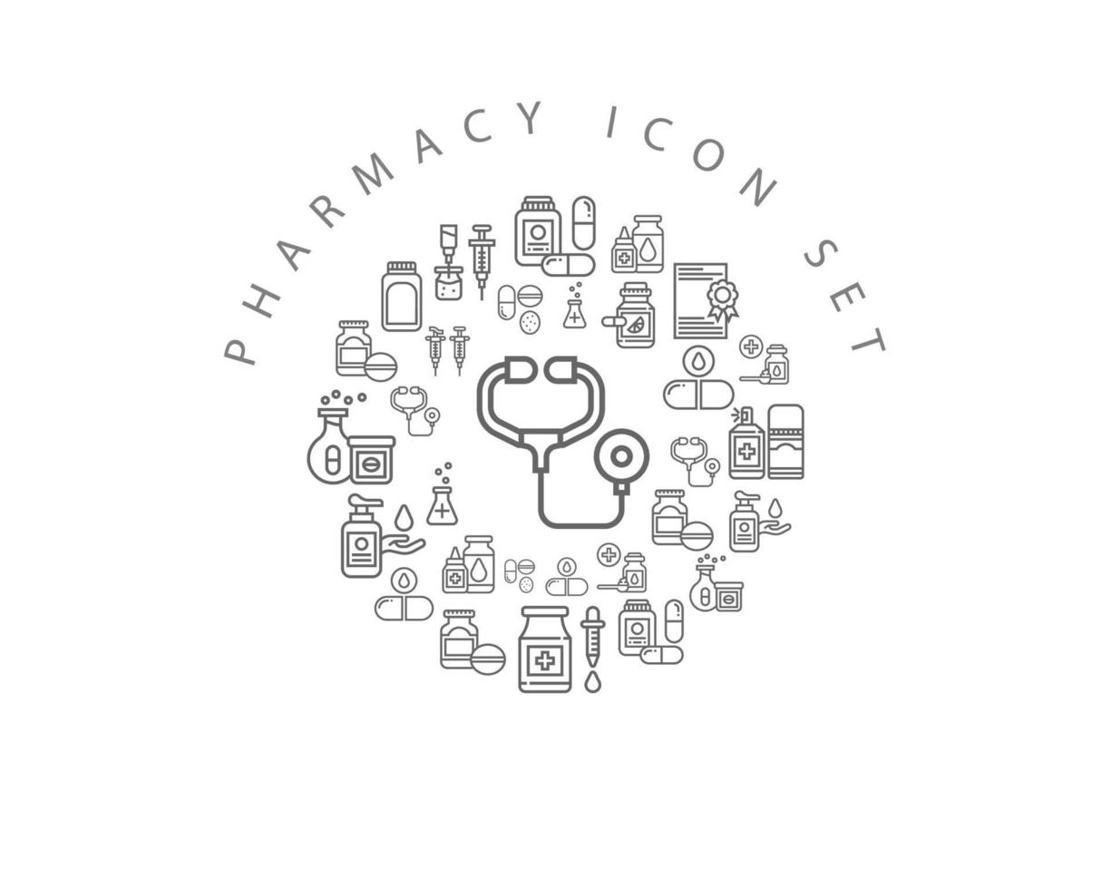 diseño de conjunto de iconos de farmacia sobre fondo blanco. vector