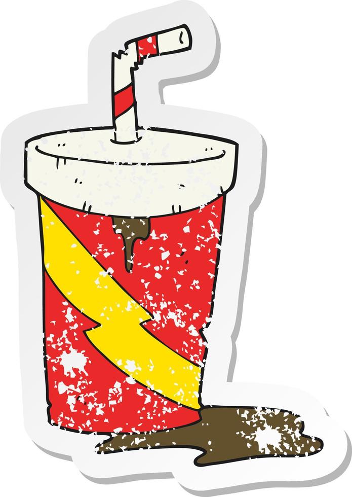 pegatina retro angustiada de una bebida de cola de comida chatarra de dibujos animados vector