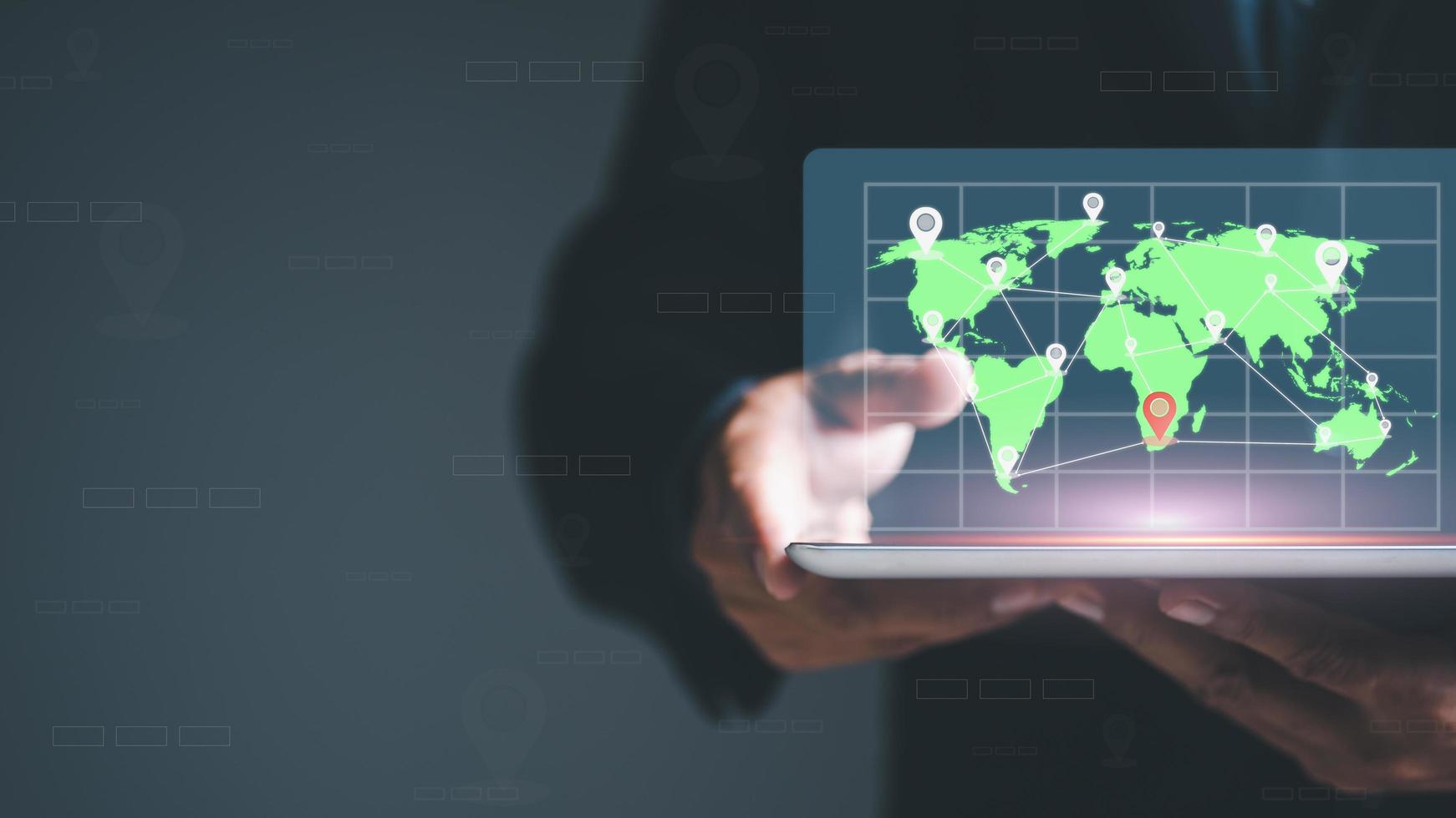 business people use online map technology to find a location through the virtual screen. Destination location concept, gps navigation through modern devices. photo