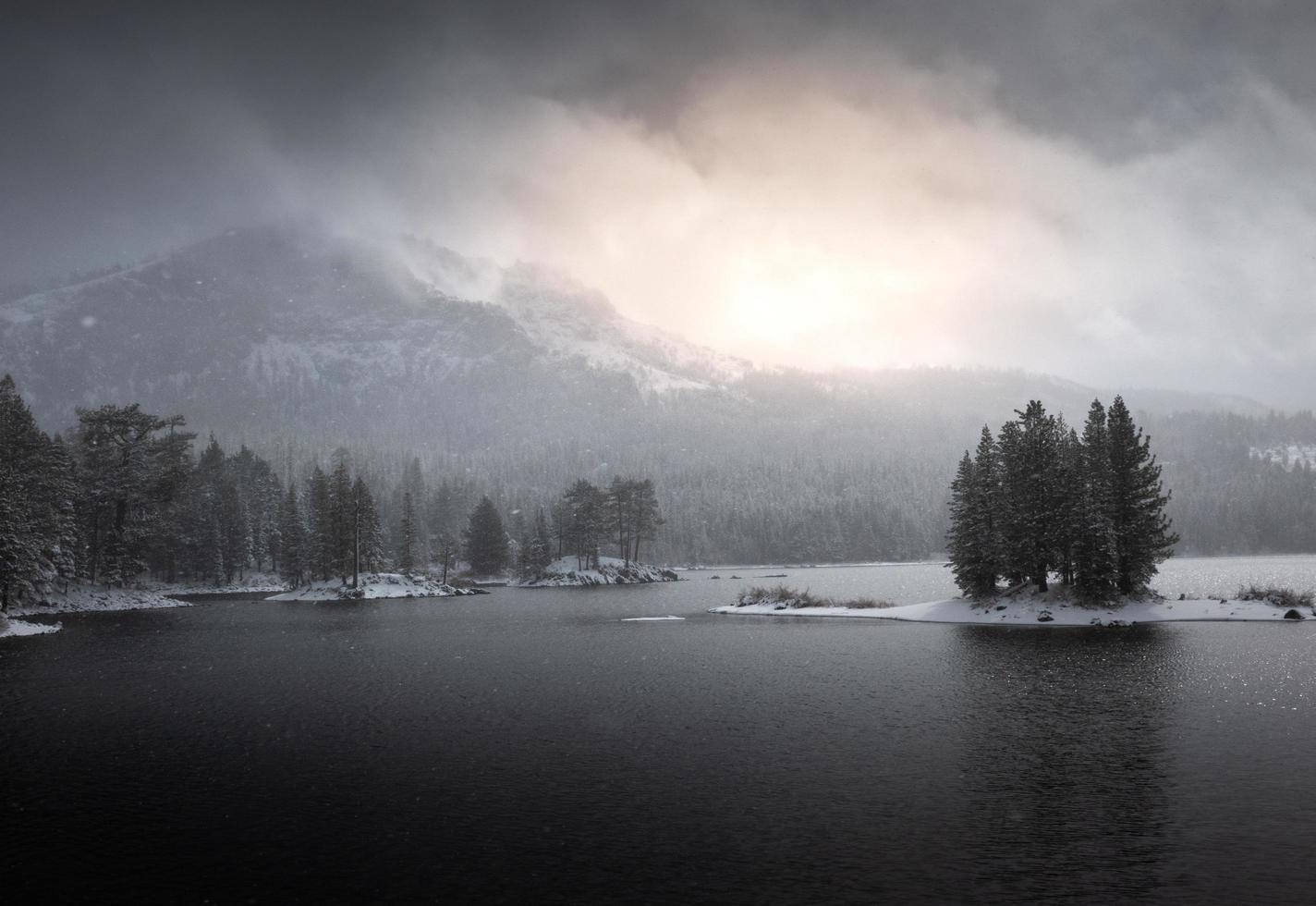 Sunrise over a beautiful mountain lake scene in Tahoe National Forest in Northern California. photo