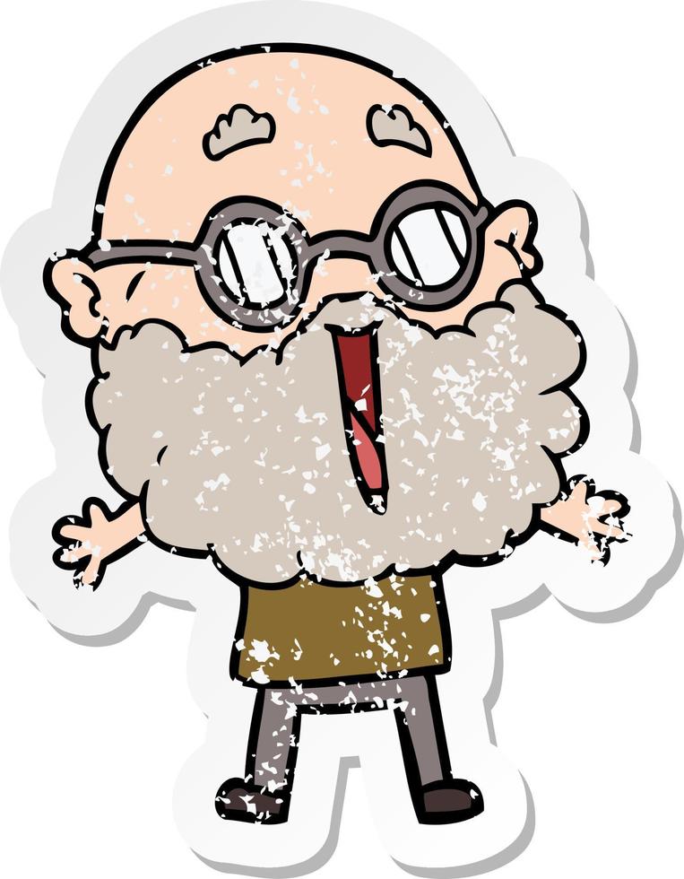 distressed sticker of a cartoon joyful man with beard vector