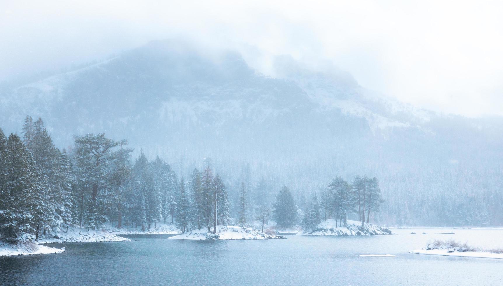 This photo was taken after a snow storm dropped some beautiful snow over a lake in Tahoe National Forest in Northern California.