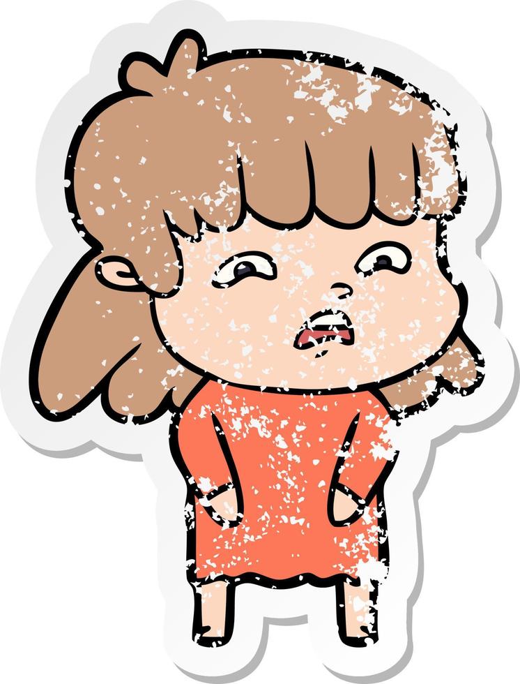 distressed sticker of a cartoon worried woman vector