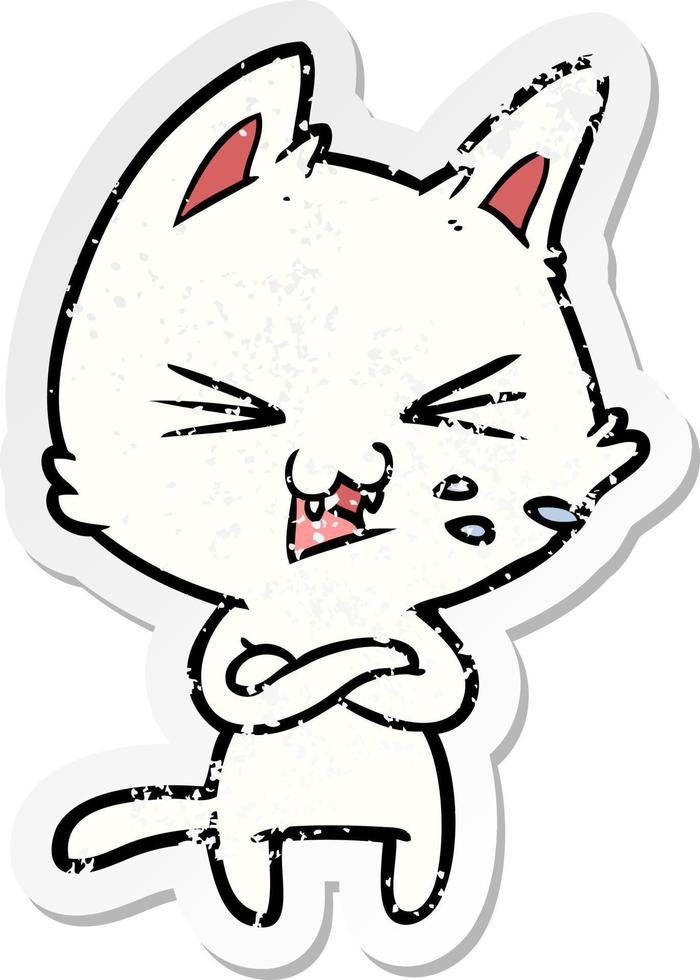 distressed sticker of a cartoon cat with crossed arms vector