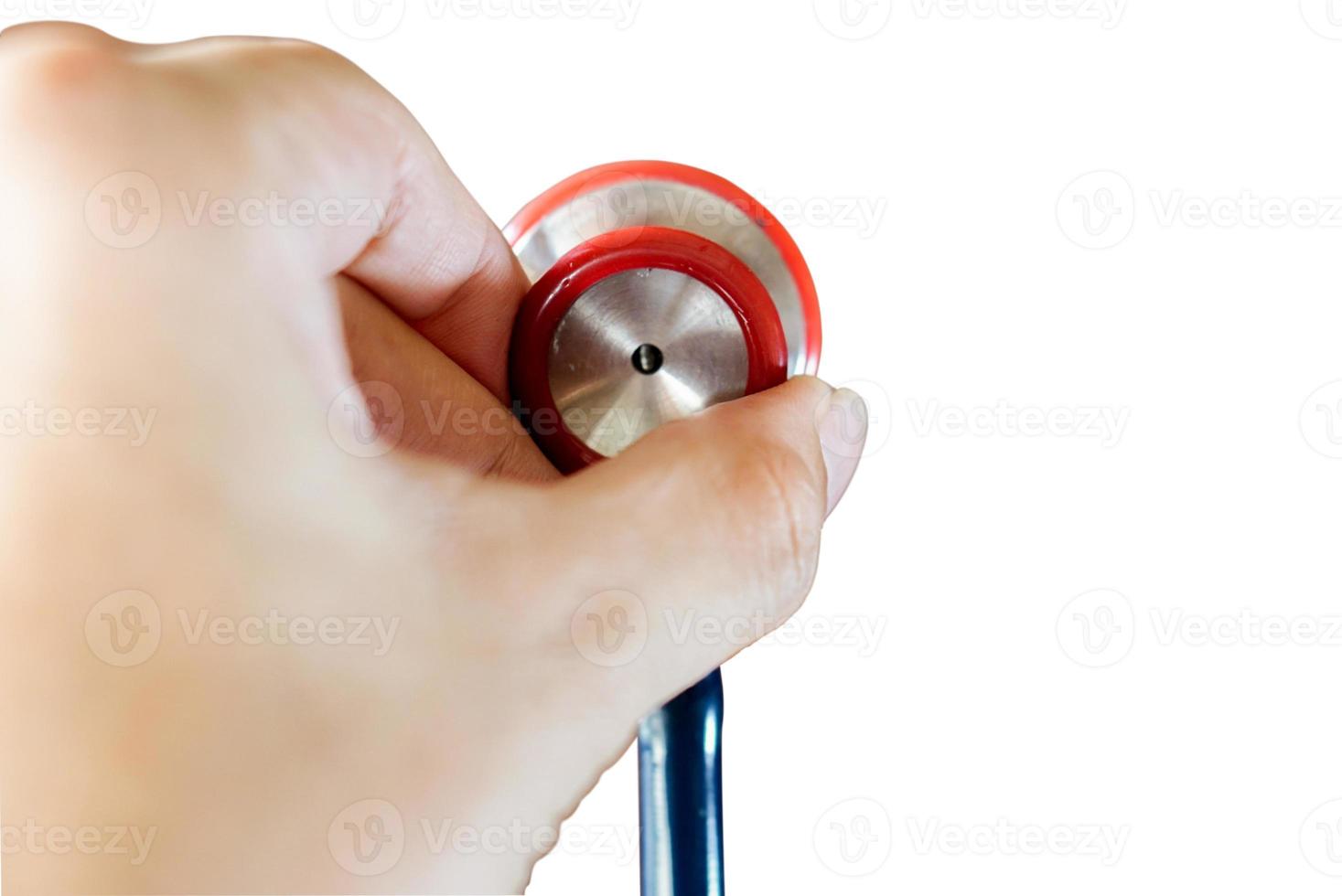 Closeup and crop hands of human holding a small doctor stethoscope on white background and make with path. photo