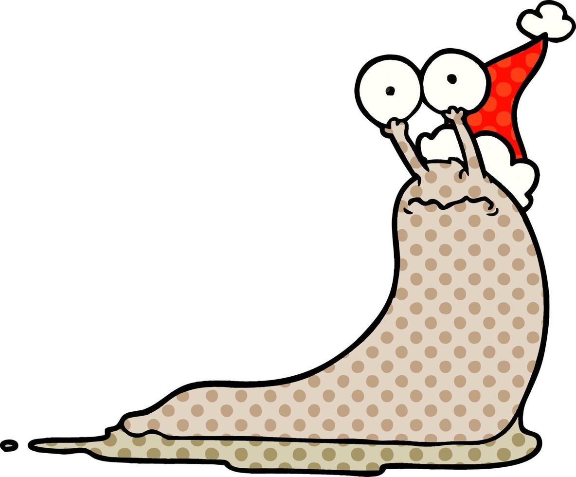 comic book style illustration of a slug wearing santa hat vector