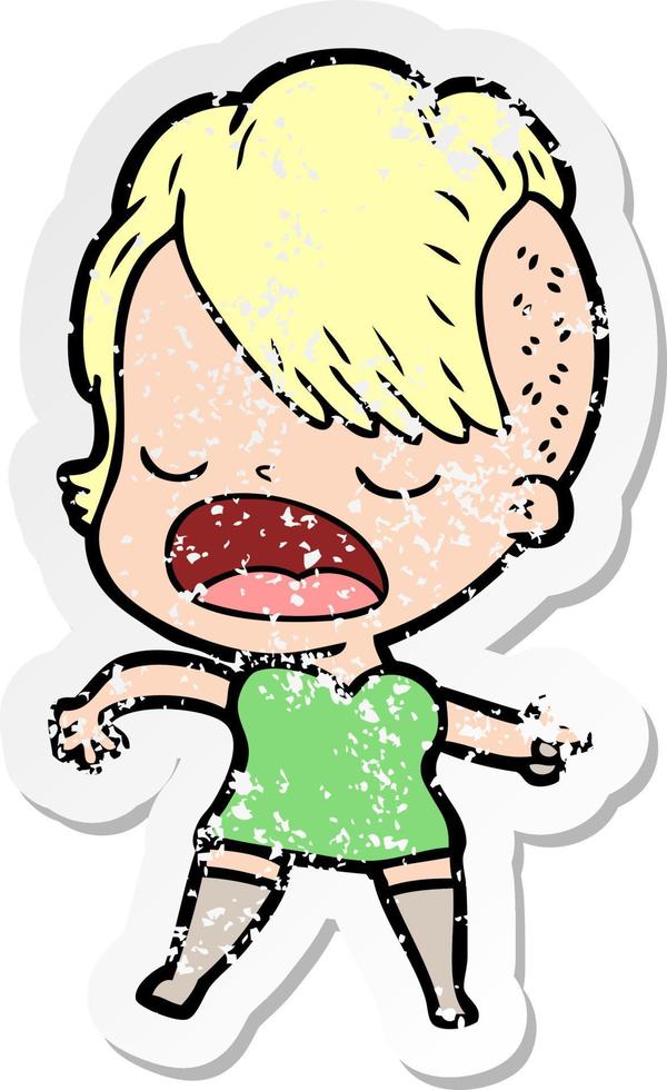 distressed sticker of a cartoon cool hipster girl talking vector