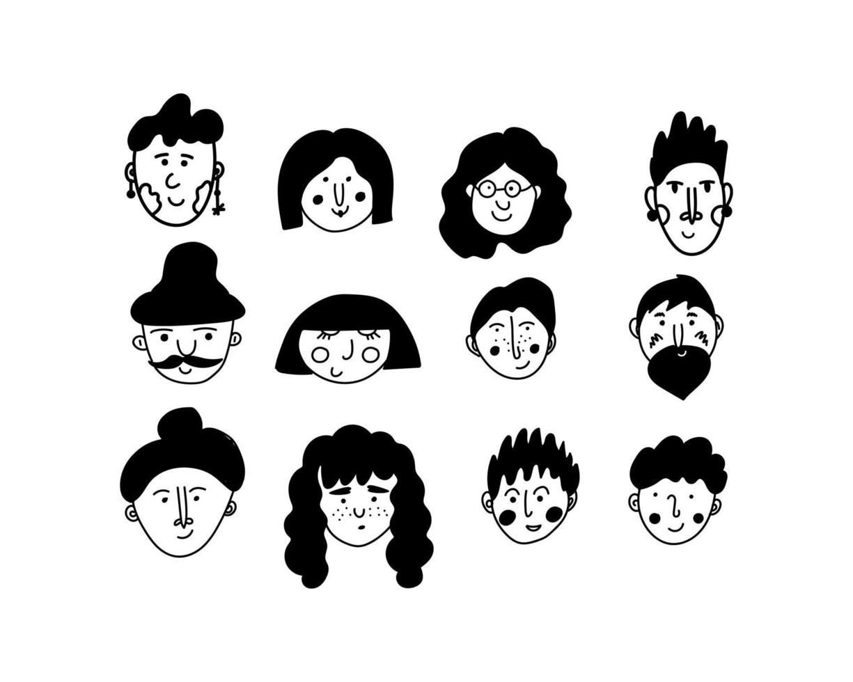 Set of people avatars in doodle style. Profile collection. 12 portraits of boys, men, girls, women, transgender people. Different ages. Vector illustration, hand drawn