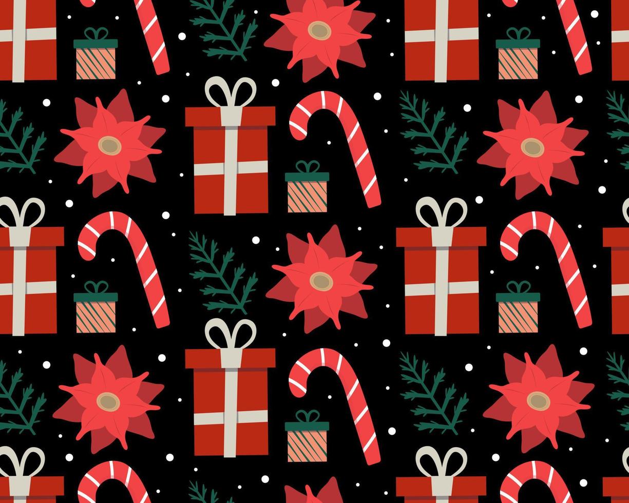 Christmas background. black background. an ornament made of gifts, candies, milkweed and round snowflakes. Perfect design for fabric, paper, wallpaper. Vector illustration, flat