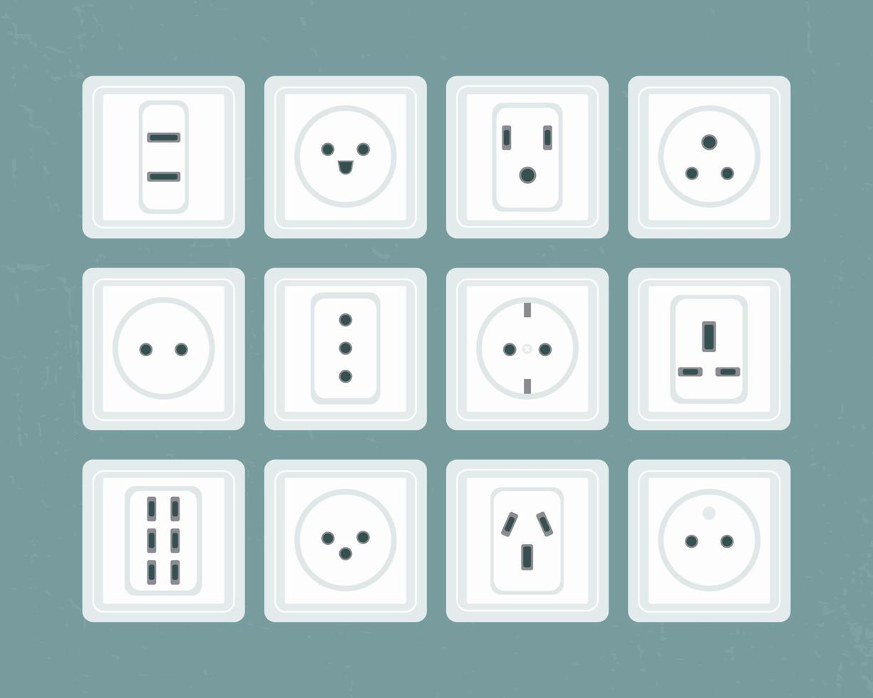 electric outlet set. 12 connectors for power. American, European, Japanese devices for energy, adapters to insert cable, tv wire. Isolated objects. Vector illustration, flat