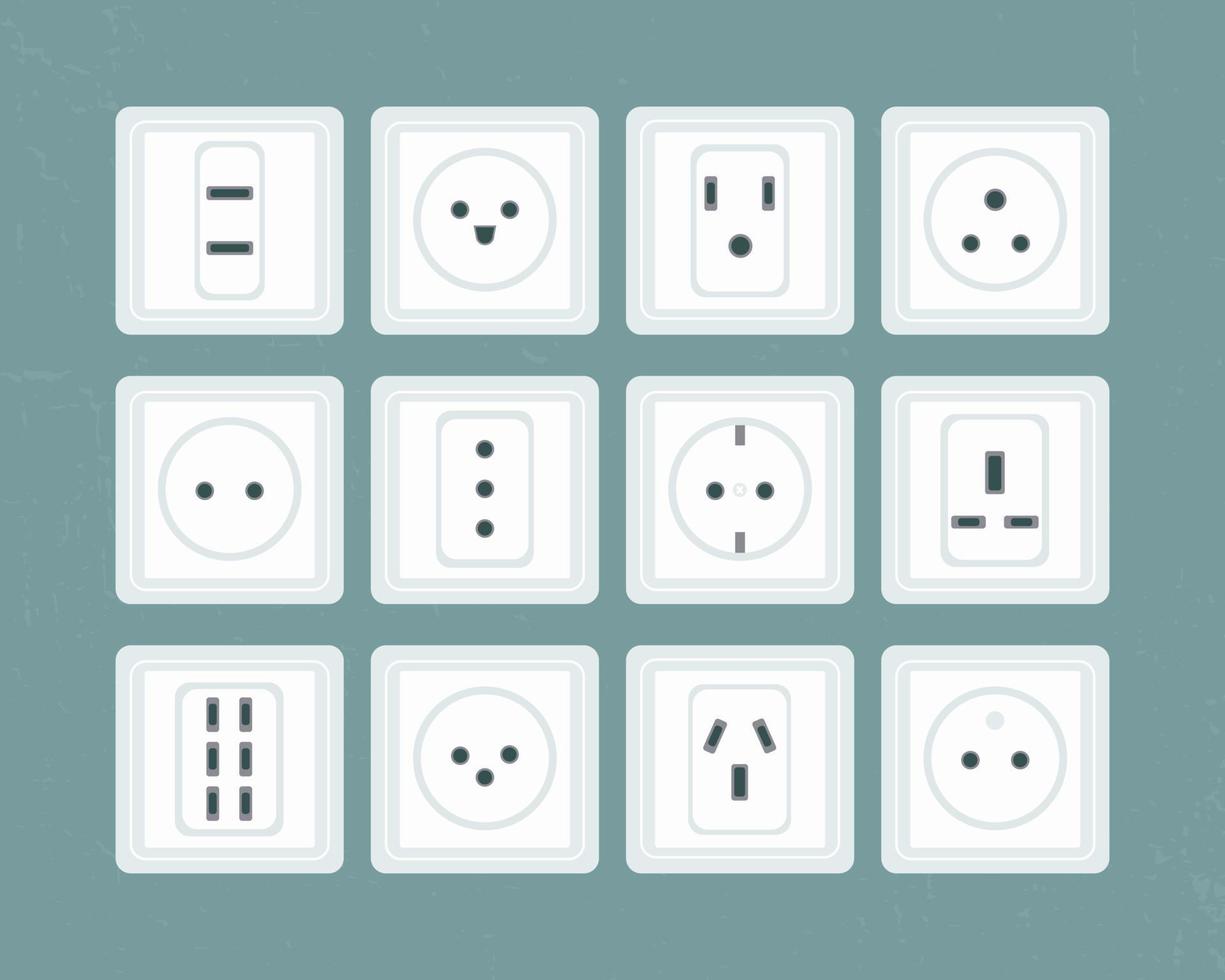 electric outlet set. 12 connectors for power. American, European, Japanese devices for energy, adapters to insert cable, tv wire. Isolated objects. Vector illustration, flat