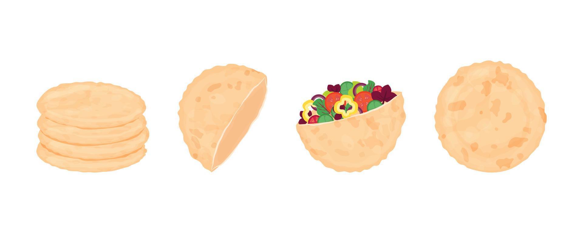 pita bread set. round tortilla stuffed with lettuce and falafel, half pie, a whole serving and stack of fresh baked goods. isolated ingredient for doner kebab preparation. Vector illustration