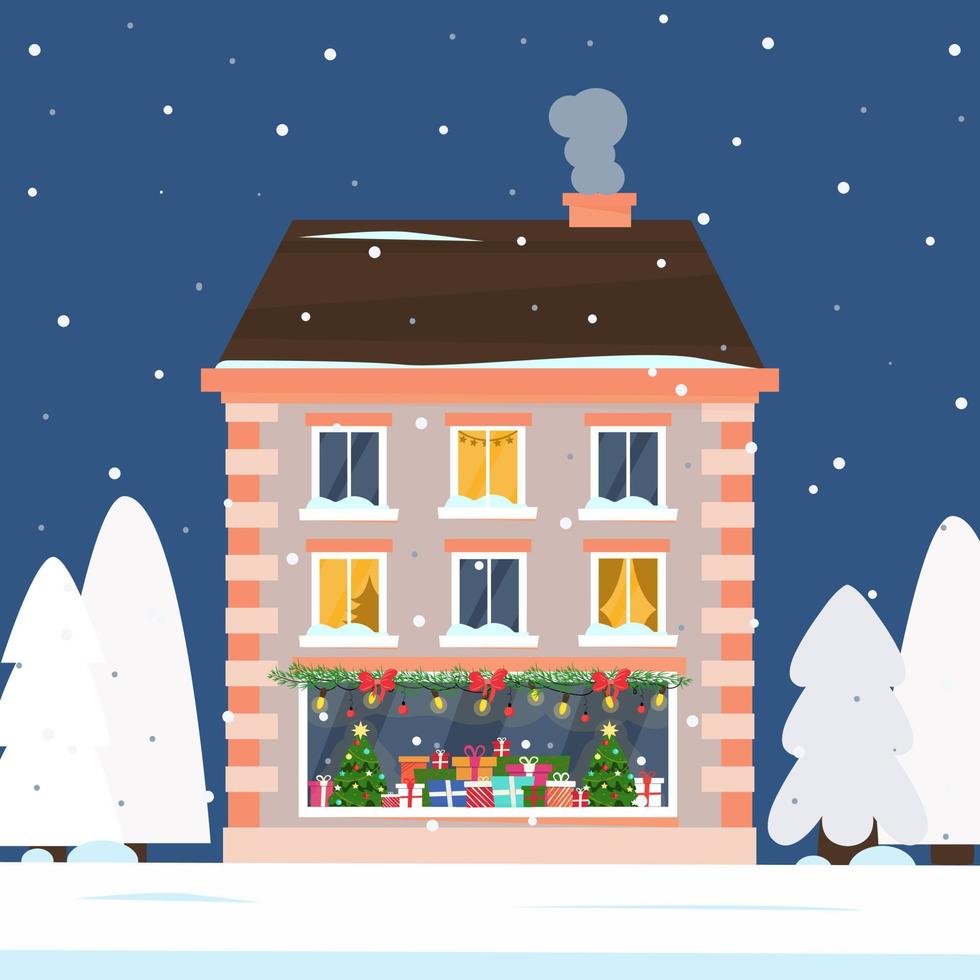 la casa está decorada para navidad. edificio de tres plantas. iluminación festiva, una hermosa guirnalda y una vitrina para regalos en el 1er piso. nevada. ilustración vectorial, plano vector