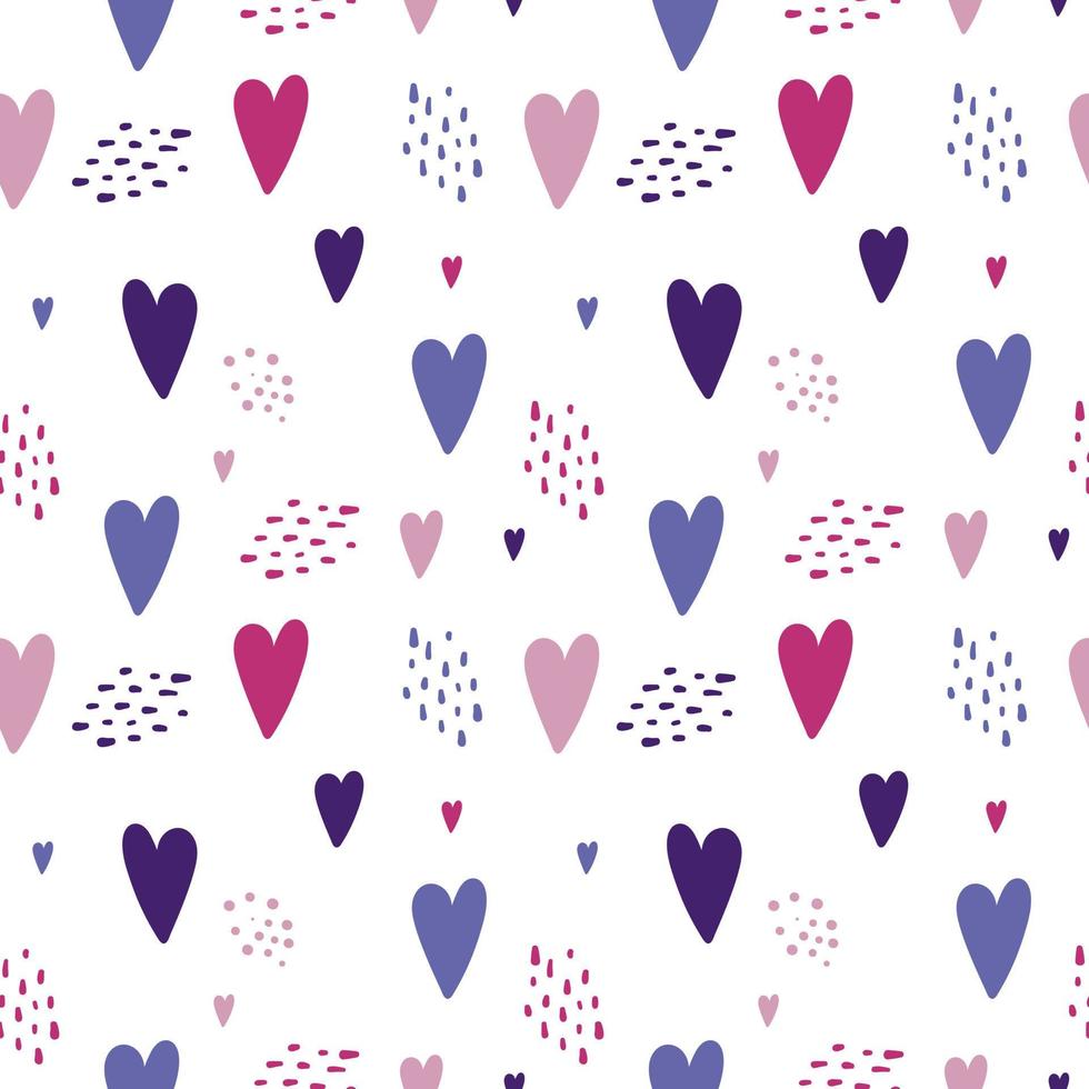 Valentine's day seamless endless pattern. Cute background in trendy colors of the season. Naive hearts and stripes of different sizes. Design for fabric, notepad, postcards, textiles. Vector doodle