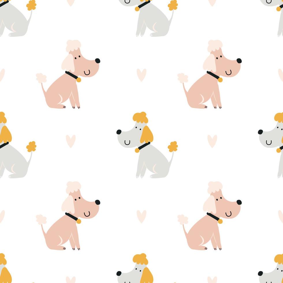 poodle pattern. Cute seamless cartoon background. Stylized dogs on light background. Minimalist modern print. Vector illustration, doodle