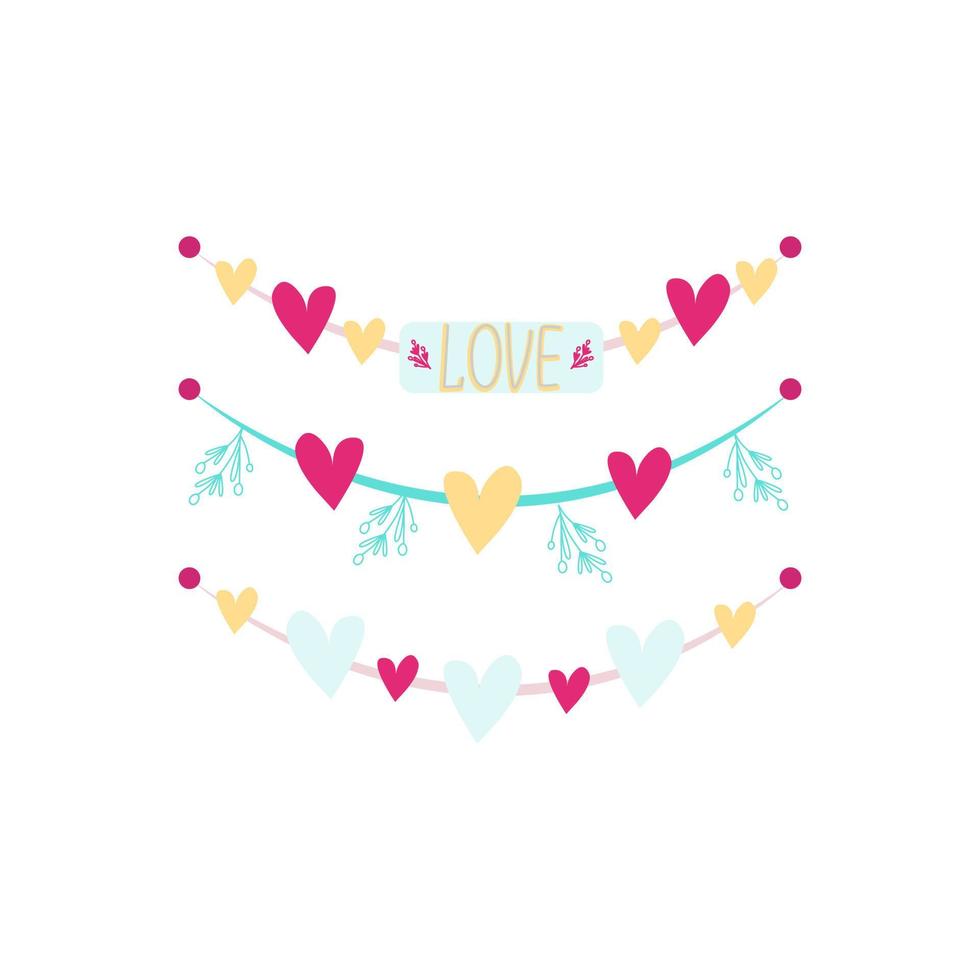 Set of garlands with hearts and leaves. clip-art isolated on white background. Sticker, decal, Valentine's Day decor. Vector illustration, hand drawn, doodle