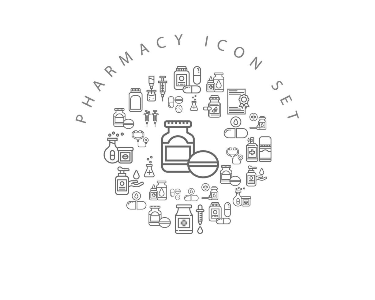 diseño de conjunto de iconos de farmacia sobre fondo blanco. vector