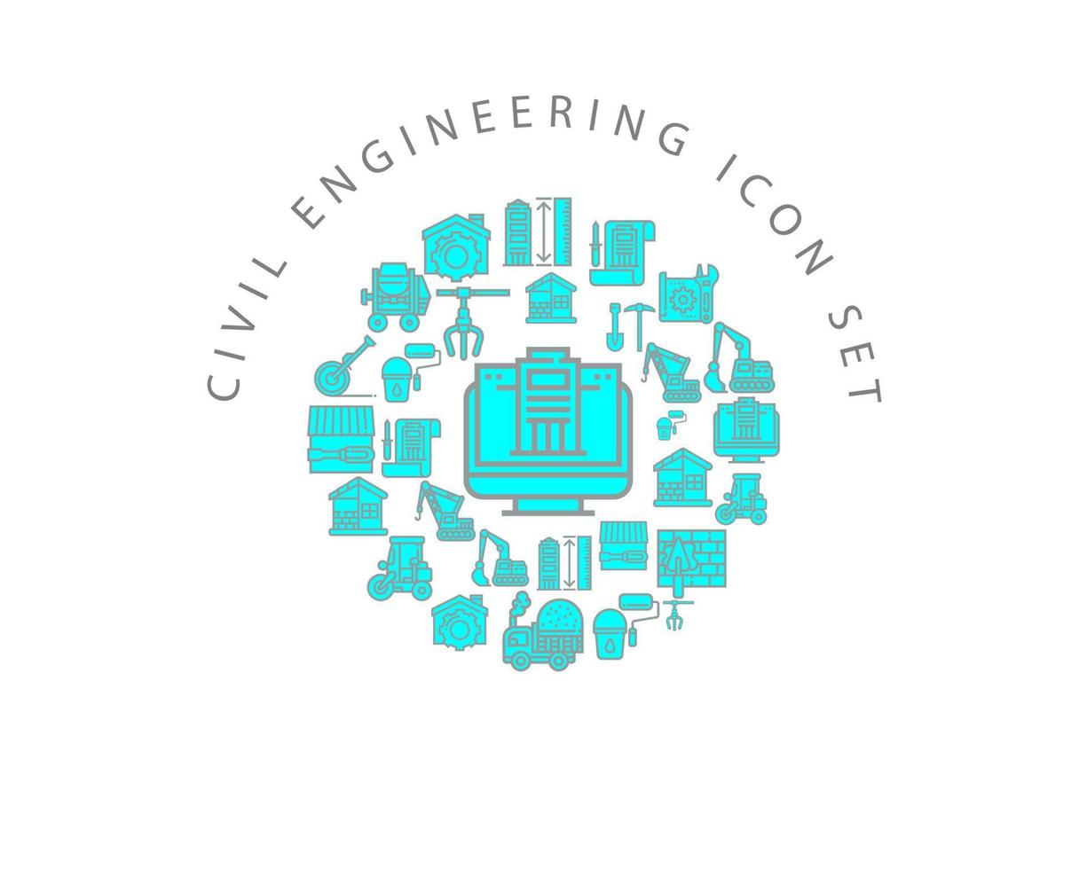 diseño de conjunto de iconos de ingeniería civil sobre fondo blanco. vector