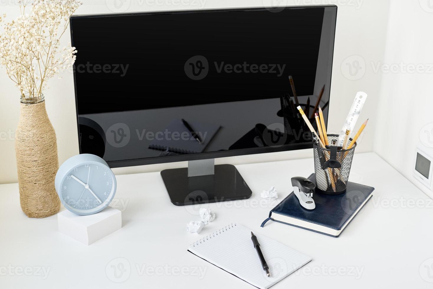 Modern workspace background, front view photo