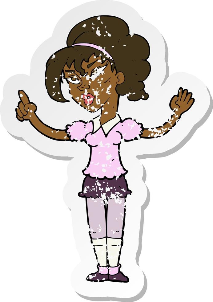 retro distressed sticker of a cartoon woman with idea vector