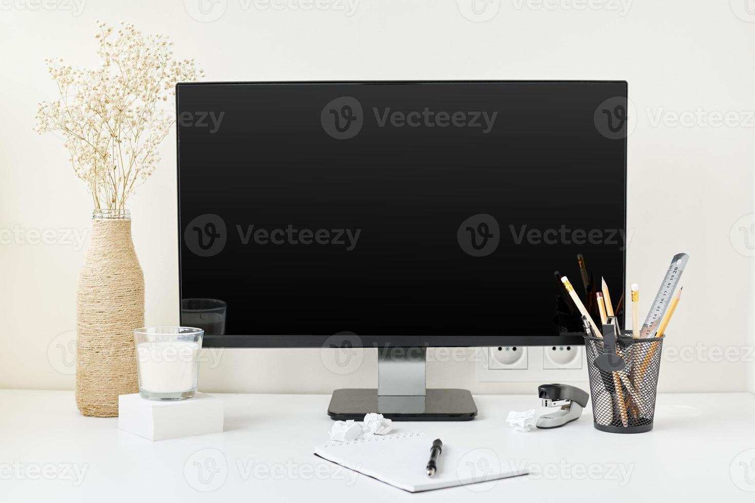 Modern workspace background, front view photo
