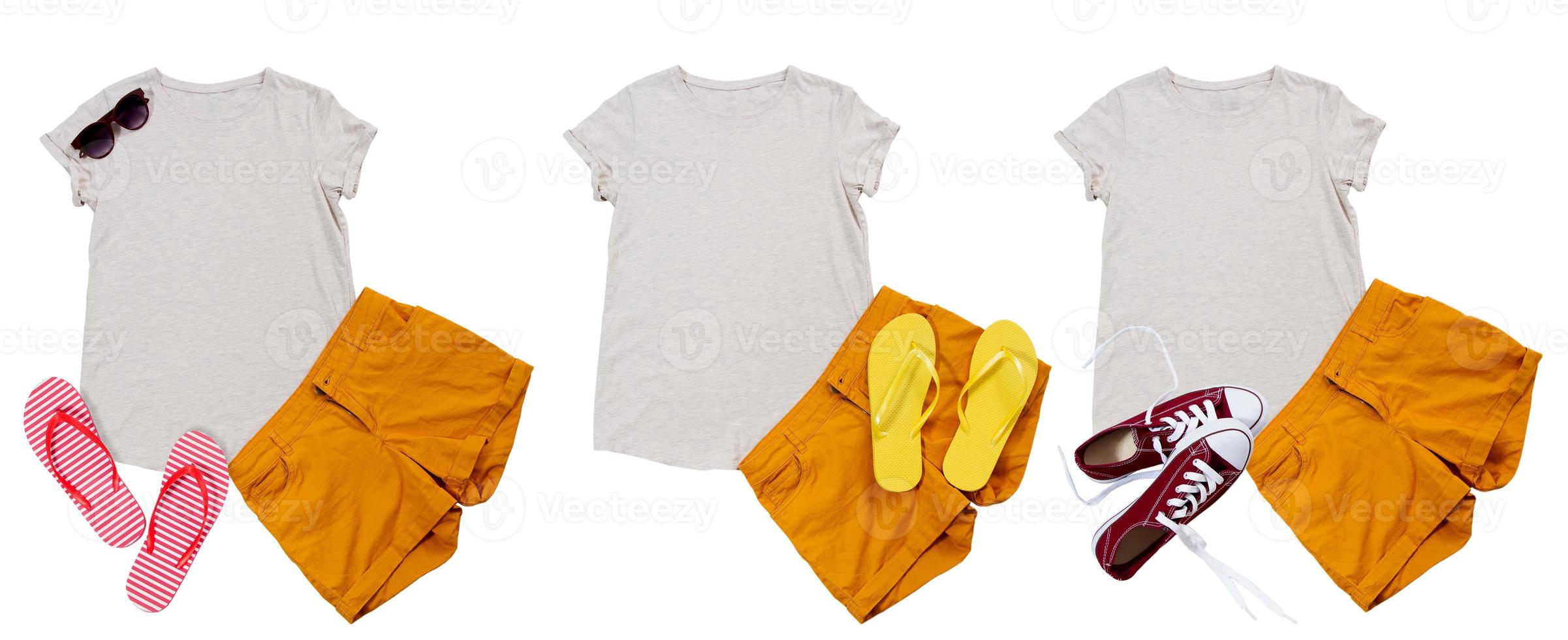 Banner Summer White closeup t shirt mock up flat lay isolated on white background outfits. Flip flops, Top view and copy space. Mockup t-shirt and summertime. Template blank shirt. photo