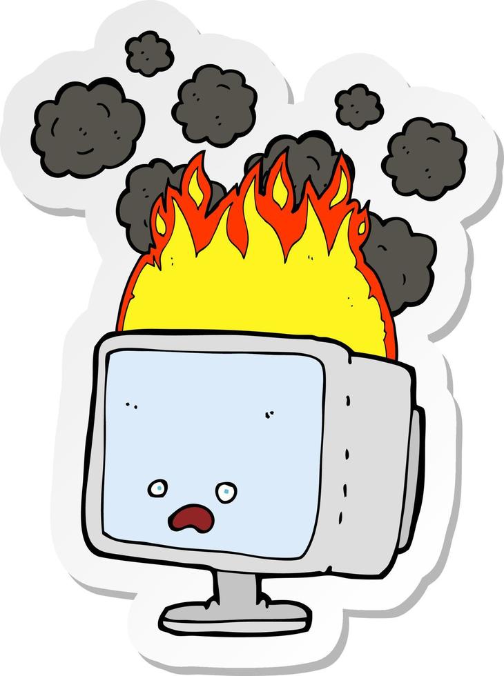 sticker of a cartoon burning computer vector