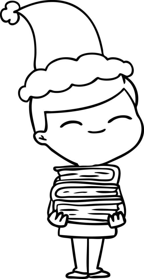 line drawing of a smiling boy with stack of books wearing santa hat vector