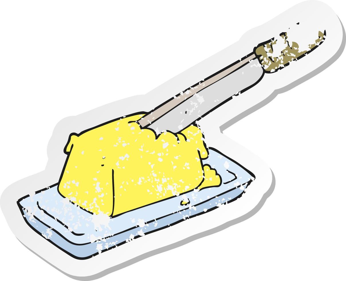 pegatina retro angustiada de un cuchillo de dibujos animados en mantequilla vector