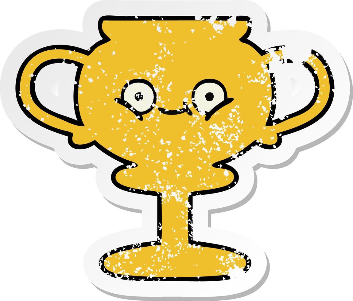 distressed sticker of a cute cartoon trophy vector