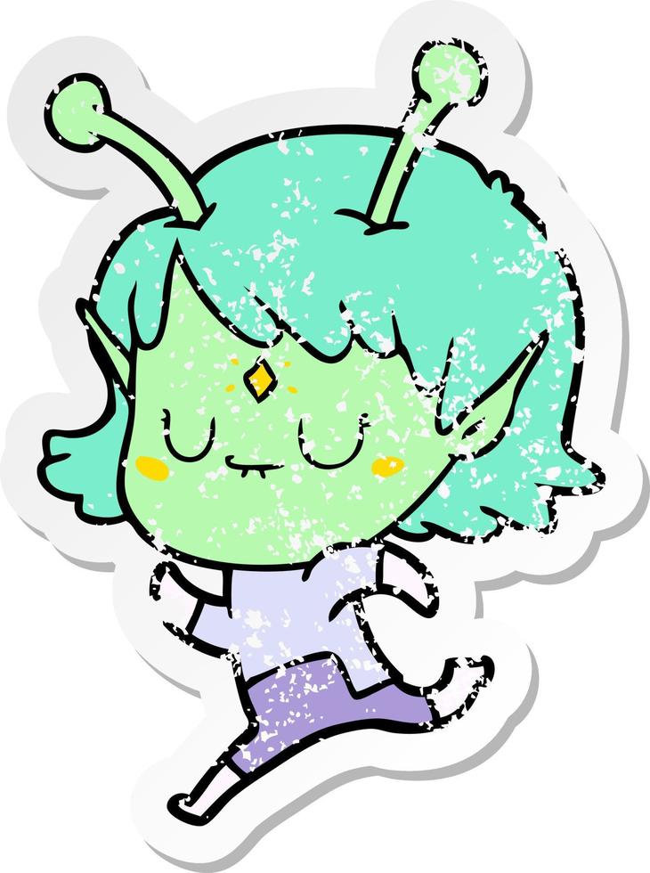 distressed sticker of a cartoon alien girl vector