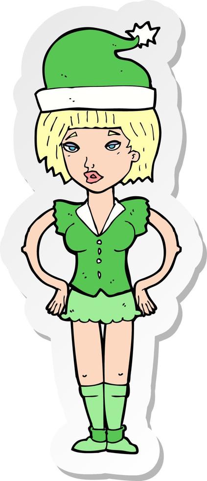 sticker of a cartoon woman in christmas elf outfit vector