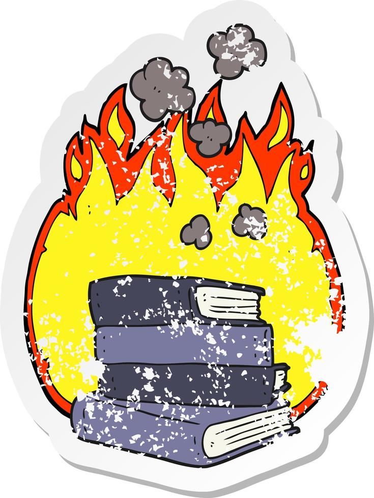 retro distressed sticker of a cartoon stack of books burning vector