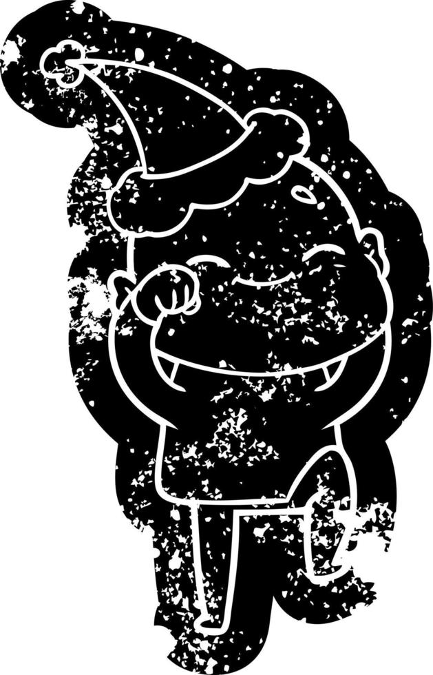 happy cartoon distressed icon of a bald man wearing santa hat vector