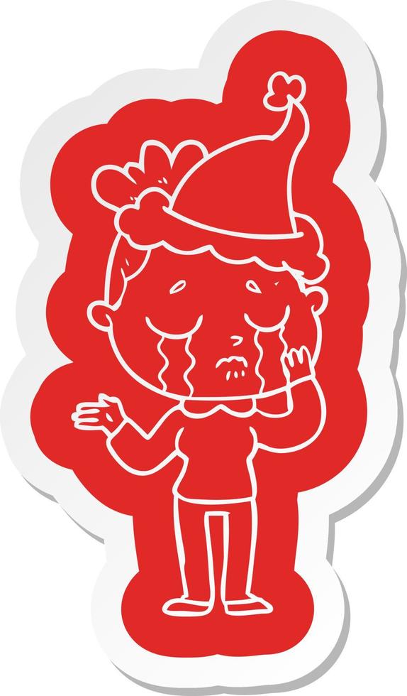 cartoon  sticker of a crying woman wearing santa hat vector