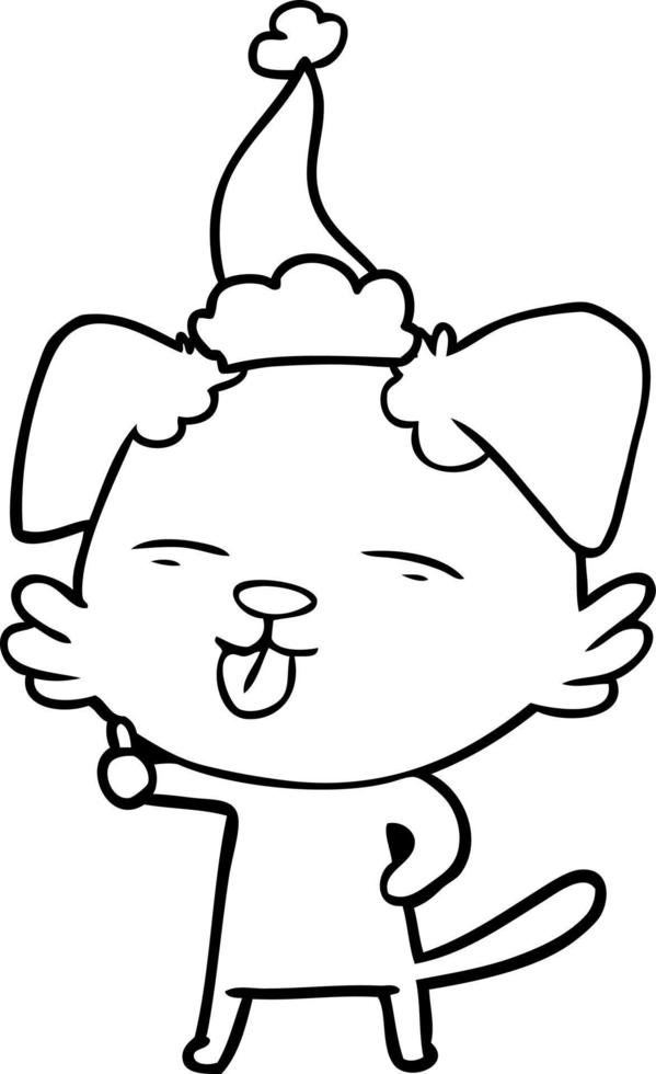 line drawing of a dog sticking out tongue wearing santa hat vector