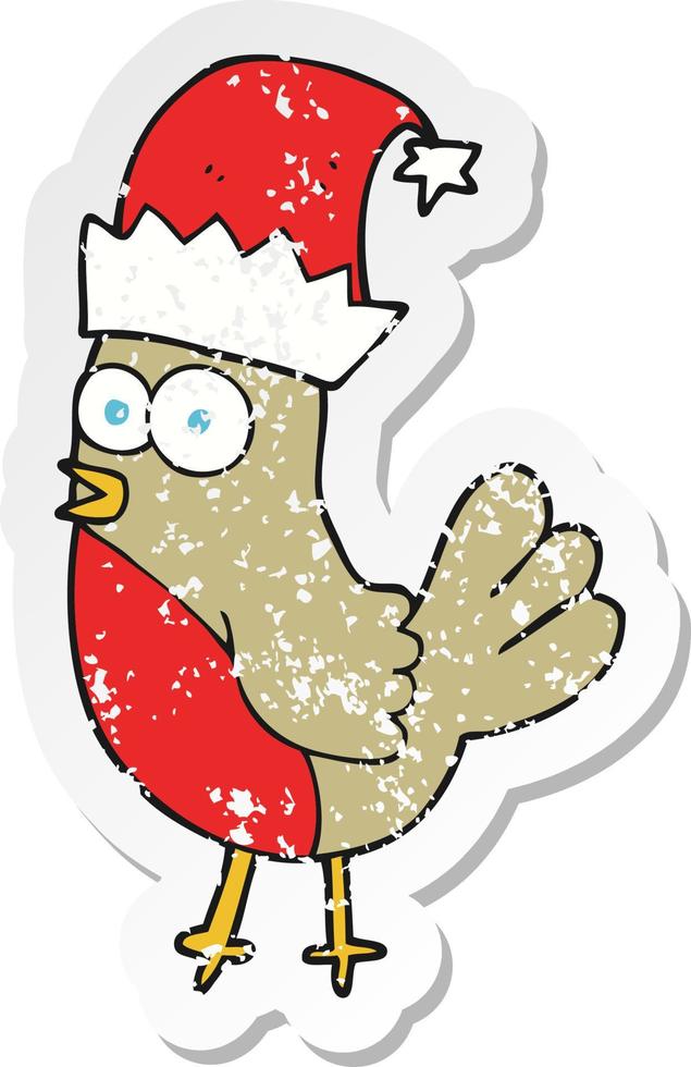 retro distressed sticker of a cartoon robin in christmas hat vector