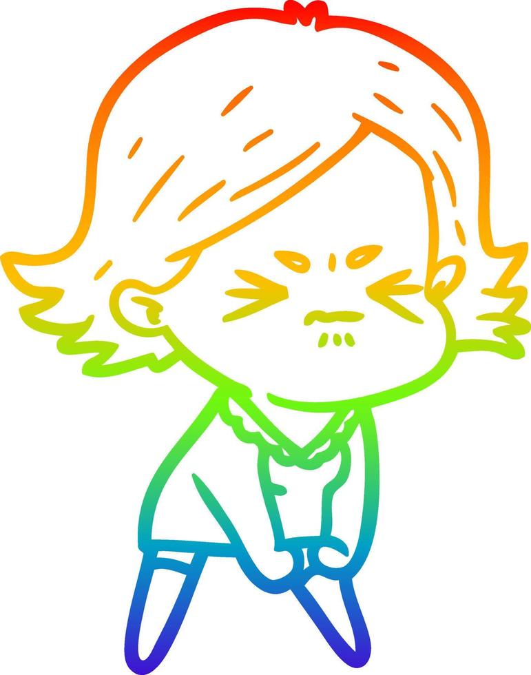 dibujo de línea de gradiente de arco iris mujer enojada de dibujos animados vector