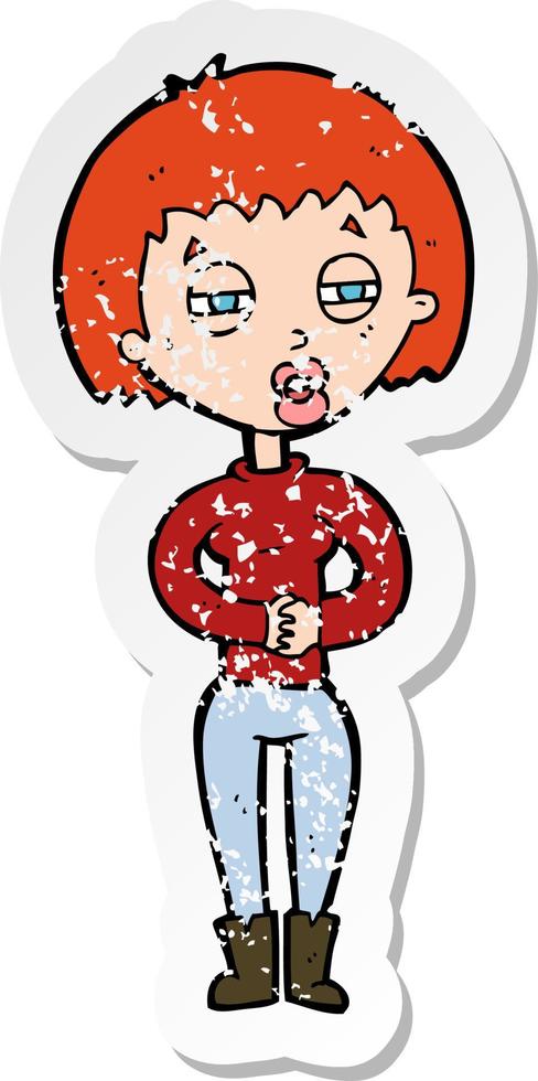 retro distressed sticker of a cartoon tired woman vector