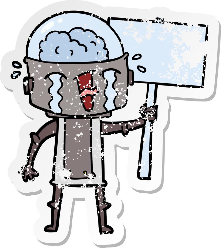 distressed sticker of a cartoon crying robot waving sign vector