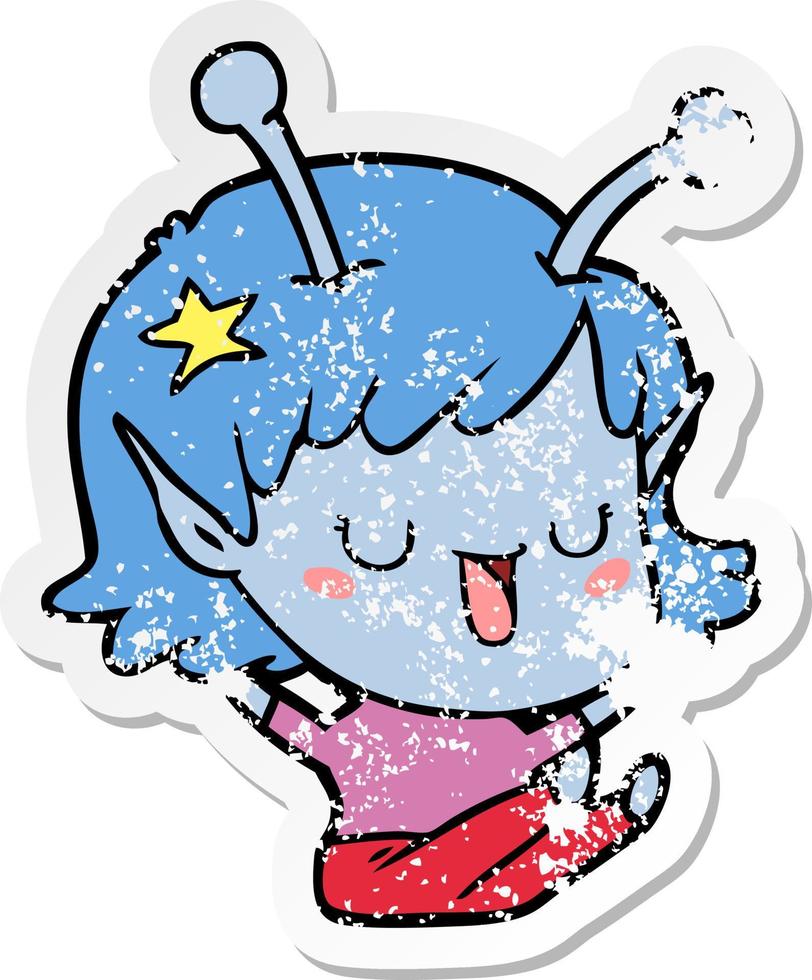 distressed sticker of a happy alien girl cartoon laughing vector